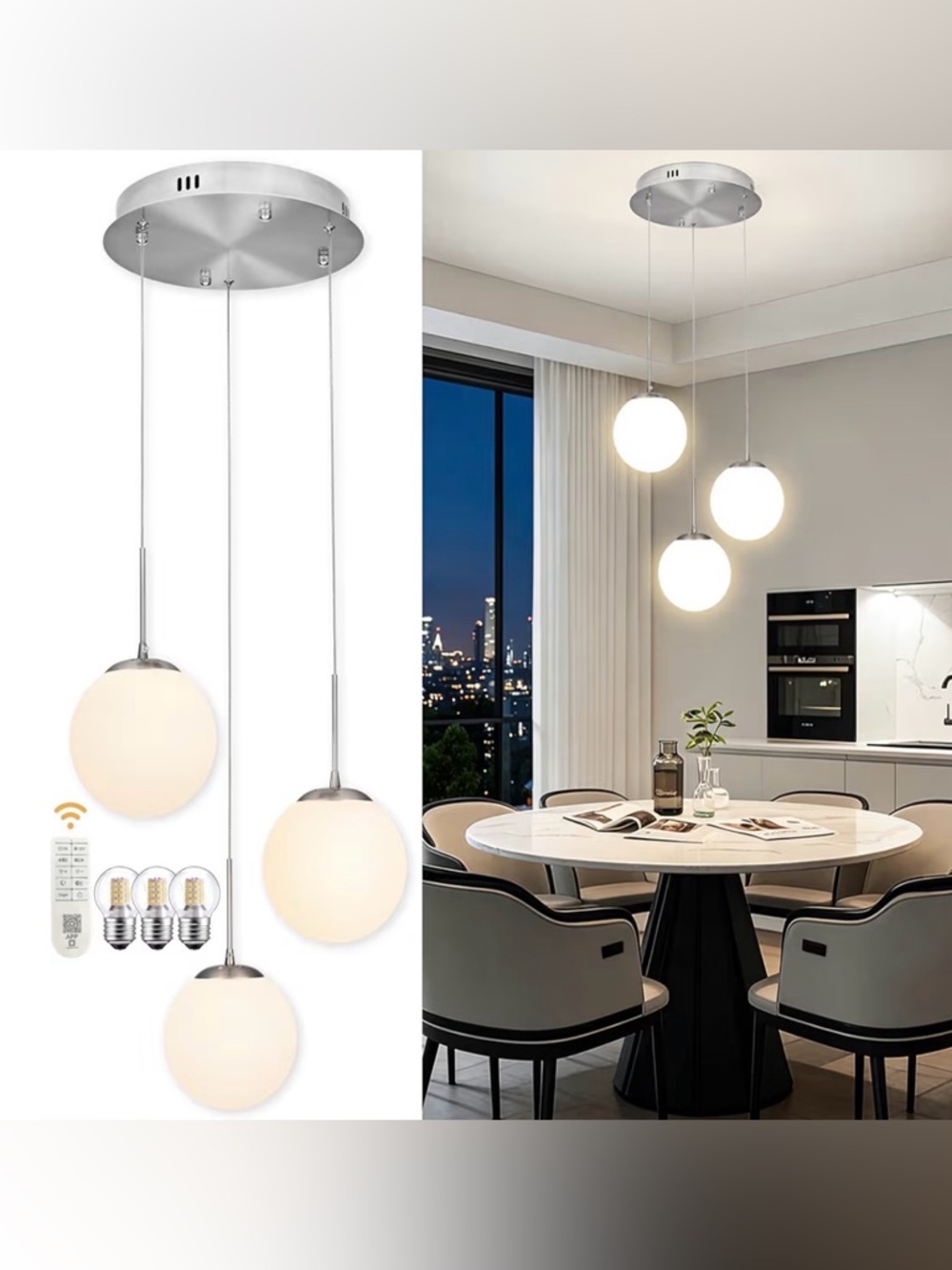 3 Light Globe Chandelier Nickel Glass Pendant w/ Remote Dimmable NEW
